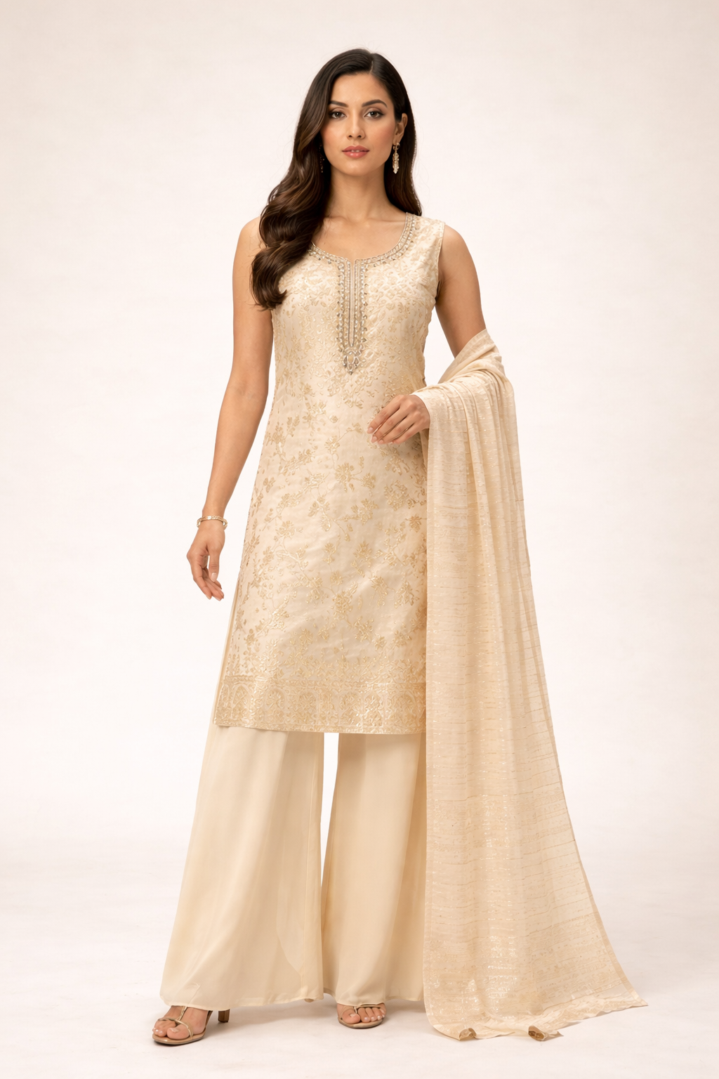 Ivory Gold Brocade Silk Embroidered Kurta Sharara Set with Organza Dupatta